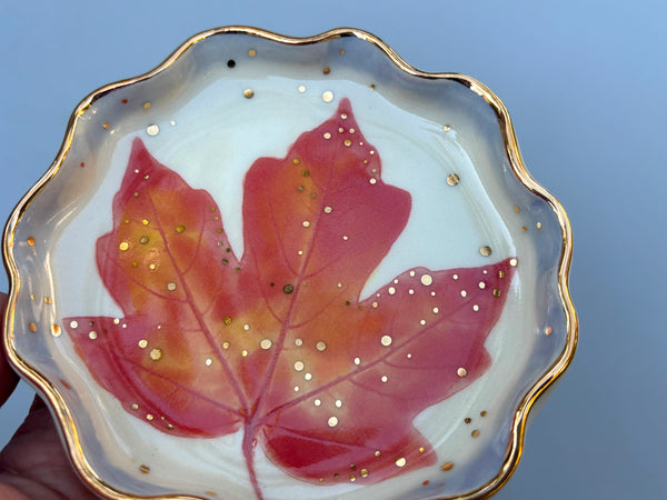 Sparkling Red Maple Leaf Jewelry Holder, Ceramic Dish with Gold Accents - Vuvu Ceramics