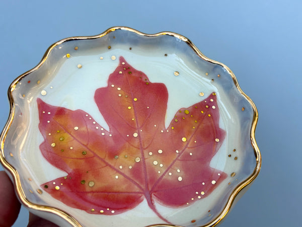 Sparkling Red Maple Leaf Jewelry Holder, Ceramic Dish with Gold Accents - Vuvu Ceramics