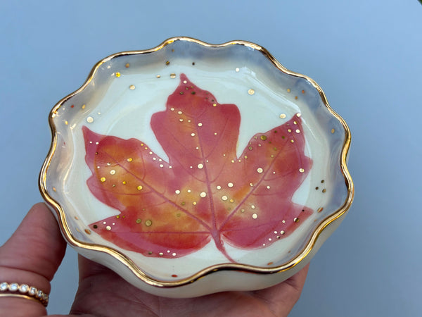 Sparkling Red Maple Leaf Jewelry Holder, Ceramic Dish with Gold Accents - Vuvu Ceramics