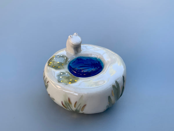 Ring Pedestal with Crystal Blue Pond, Lily Pads, and Tiny Frog