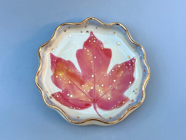 Sparkling Red Maple Leaf Jewelry Holder, Ceramic Dish with Gold Accents - Vuvu Ceramics