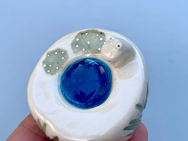 Ring Pedestal with Crystal Blue Pond, Lily Pads, and Tiny Frog