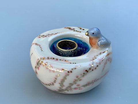 Ring Pedestal "Birdbath" with Bluebird, Cherry Blossoms