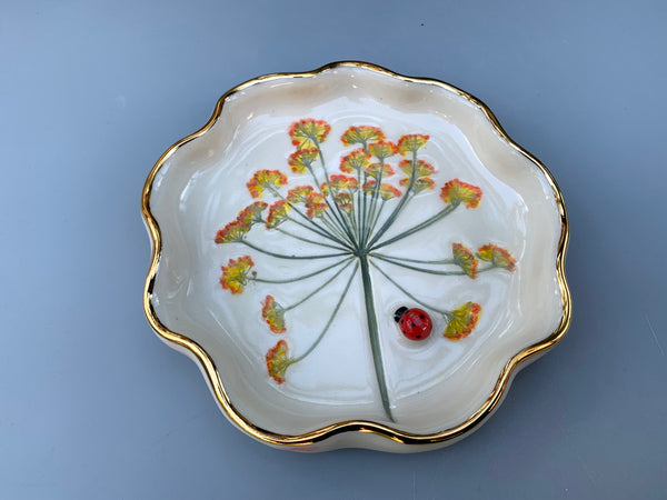 Ladybug Jewelry Dish with Fennel Flowers and Gold Accents - Vuvu Ceramics