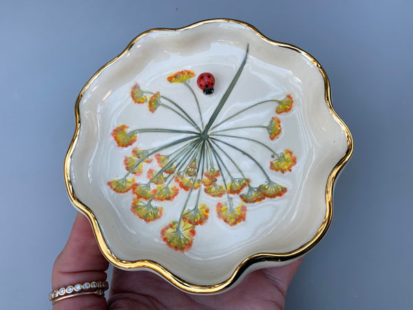 Ladybug Jewelry Dish with Fennel Flowers and Gold Accents - Vuvu Ceramics