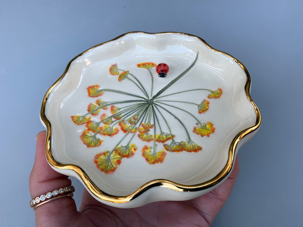 Ladybug Jewelry Dish with Fennel Flowers and Gold Accents - Vuvu Ceramics