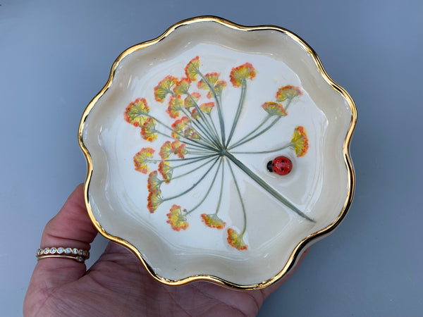 Ladybug Jewelry Dish with Fennel Flowers and Gold Accents - Vuvu Ceramics