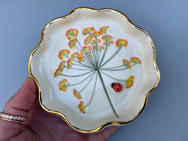 Ladybug Jewelry Dish with Fennel Flowers and Gold Accents - Vuvu Ceramics