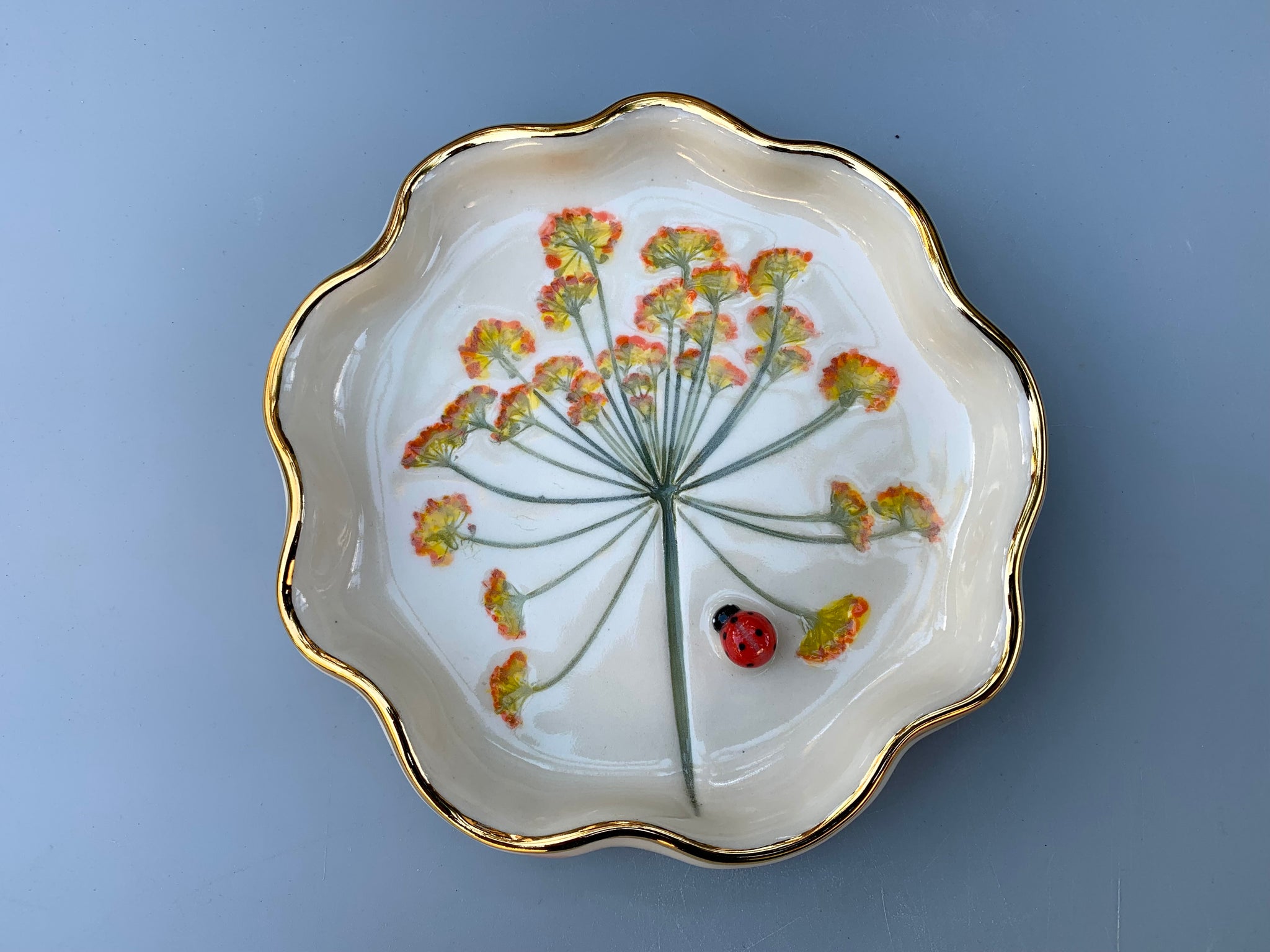 Ladybug Jewelry Dish with Fennel Flowers and Gold Accents - Vuvu Ceramics