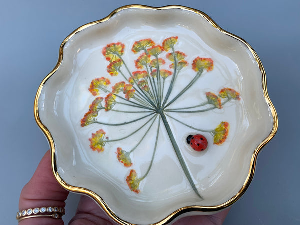 Ladybug Jewelry Dish with Fennel Flowers and Gold Accents - Vuvu Ceramics