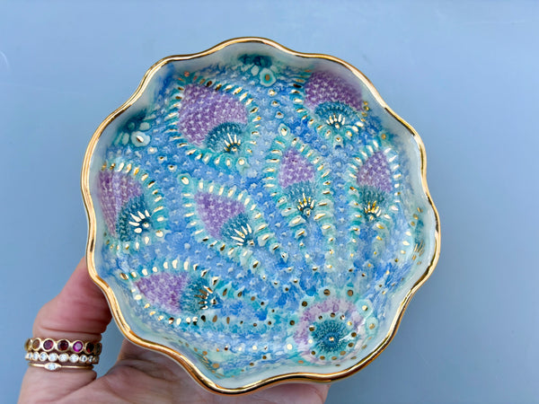 Sparkling Peacock Lace Jewelry Holder, Ceramic Dish with Gold Accents