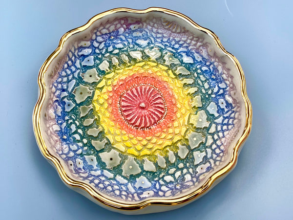 Large Rainbow Lace Ceramic Jewelry Dish with Gold Accents