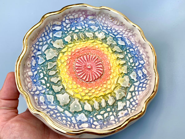Large Rainbow Lace Ceramic Jewelry Dish with Gold Accents