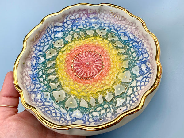 Large Rainbow Lace Ceramic Jewelry Dish with Gold Accents