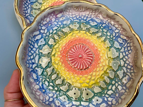 Large Rainbow Lace Ceramic Jewelry Dish with Gold Accents