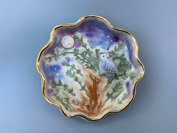 Owl in Nighttime Forest Jewelry Holder, Ceramic Dish - Vuvu Ceramics