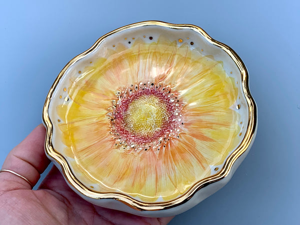 Sunflower Jewelry Dish, Ceramic with Gold Accents