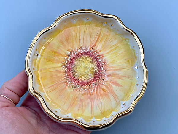 Sunflower Jewelry Dish, Ceramic with Gold Accents