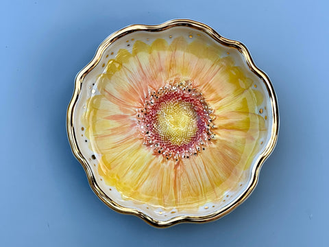Sunflower Jewelry Dish, Ceramic with Gold Accents