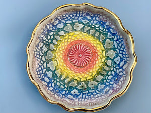 Large Rainbow Lace Ceramic Jewelry Dish with Gold Accents