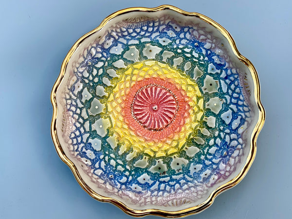Large Rainbow Lace Ceramic Jewelry Dish with Gold Accents