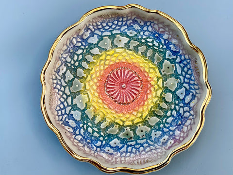 Large Rainbow Lace Ceramic Jewelry Dish with Gold Accents