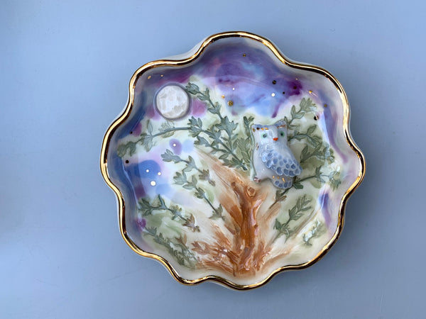 Owl in Nighttime Forest Jewelry Holder, Ceramic Dish - Vuvu Ceramics
