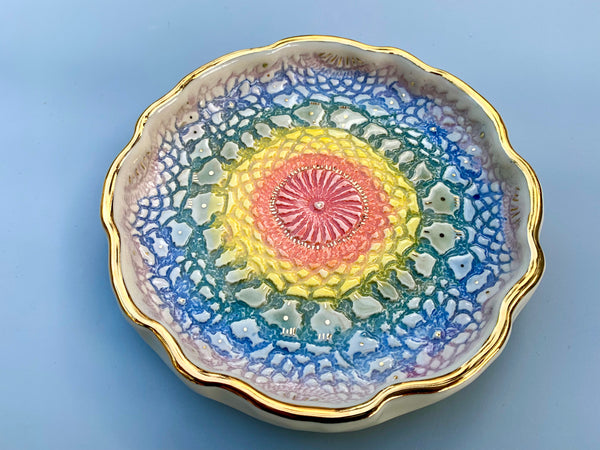 Large Rainbow Lace Ceramic Jewelry Dish with Gold Accents