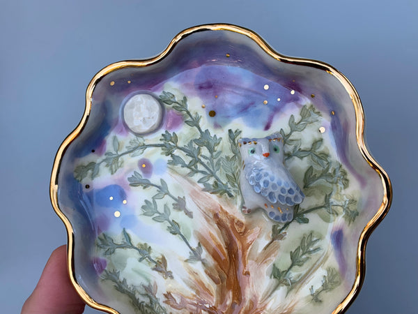 Owl in Nighttime Forest Jewelry Holder, Ceramic Dish - Vuvu Ceramics