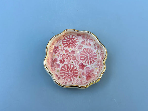 Mini Pink Bouquet Jewelry Holder, Ceramic Dish with Gold Accents