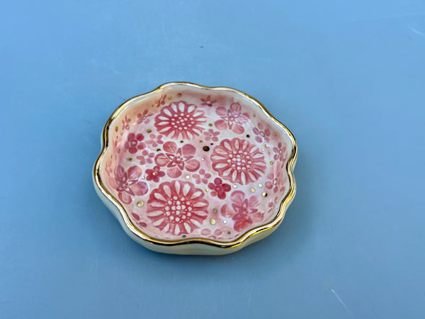 Mini Pink Bouquet Jewelry Holder, Ceramic Dish with Gold Accents