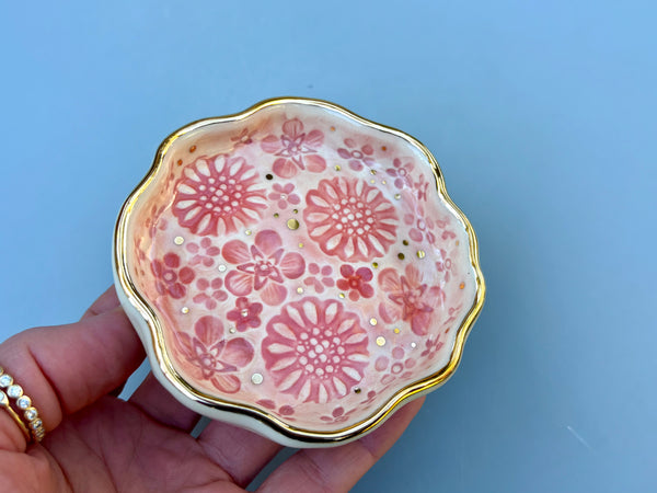 Mini Pink Bouquet Jewelry Holder, Ceramic Dish with Gold Accents