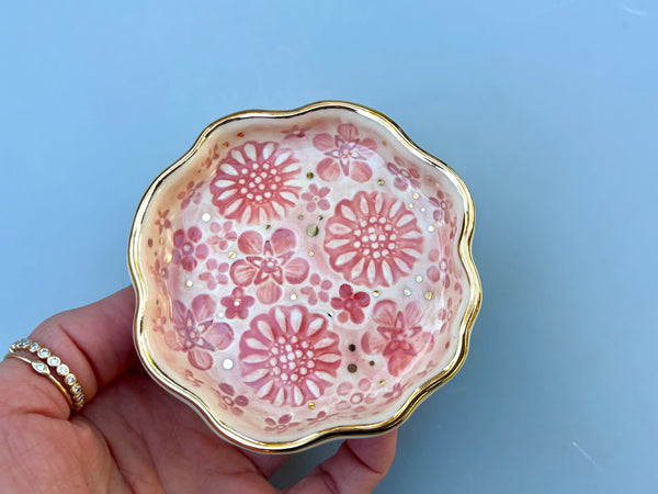 Mini Pink Bouquet Jewelry Holder, Ceramic Dish with Gold Accents