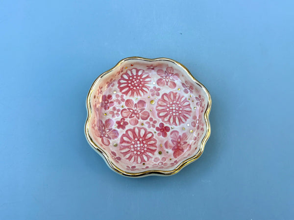 Mini Pink Bouquet Jewelry Holder, Ceramic Dish with Gold Accents