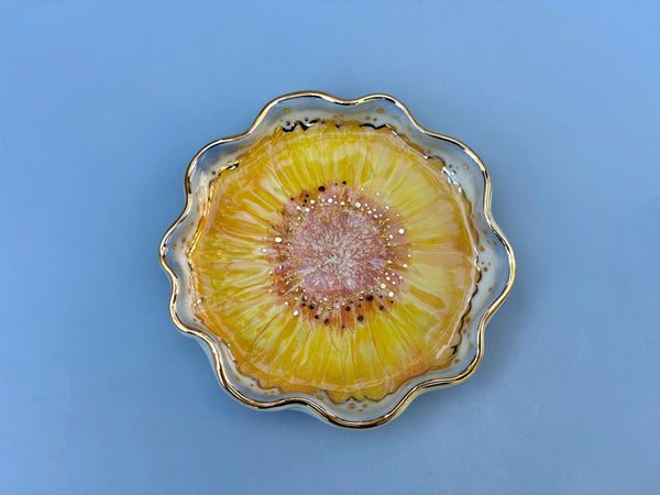 Sparkling Sunflower Jewelry Holder,  Ceramic Dish with Gold Accents