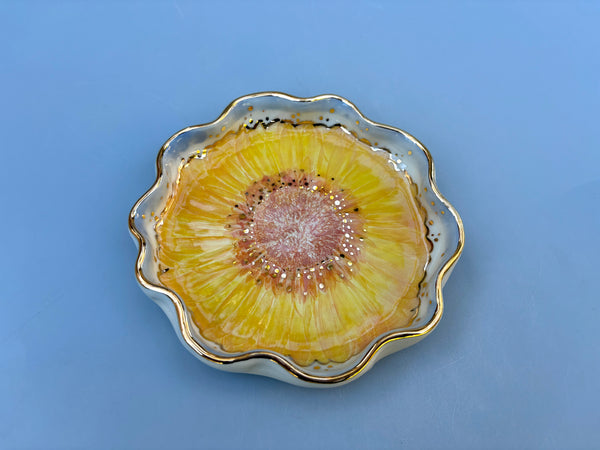 Sparkling Sunflower Jewelry Holder,  Ceramic Dish with Gold Accents