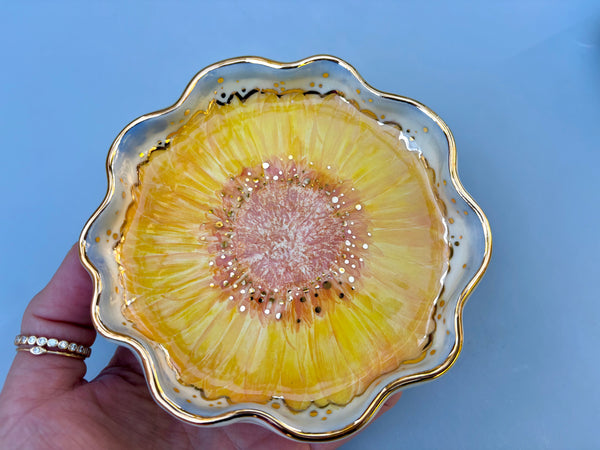 Sparkling Sunflower Jewelry Holder,  Ceramic Dish with Gold Accents