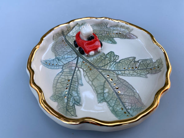 Funny Frog-in-Car Jewelry Holder, Red Car, Ceramic Leaf Dish