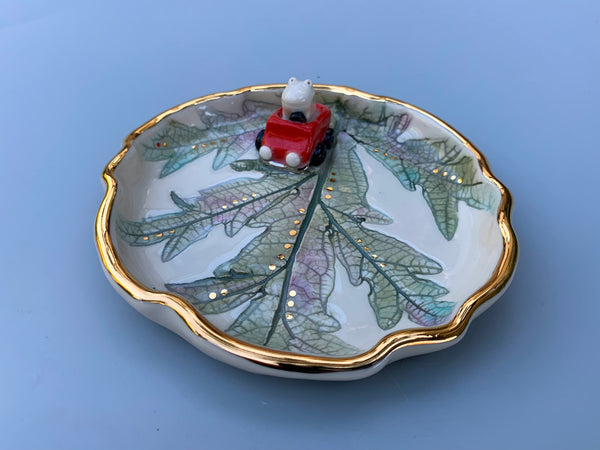 Funny Frog-in-Car Jewelry Holder, Red Car, Ceramic Leaf Dish
