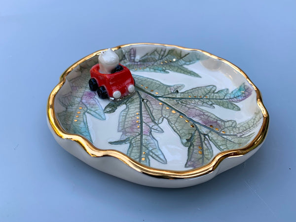 Funny Frog-in-Car Jewelry Holder, Red Car, Ceramic Leaf Dish