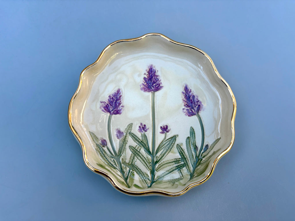 lavender flower jewelry Frog Jewelry or Incense Holder, Ceramic Dish Flower Print