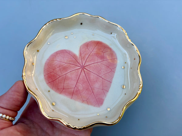 Pink Heart Jewelry Holder,  Ceramic Dish with Gold Accents - Vuvu Ceramics