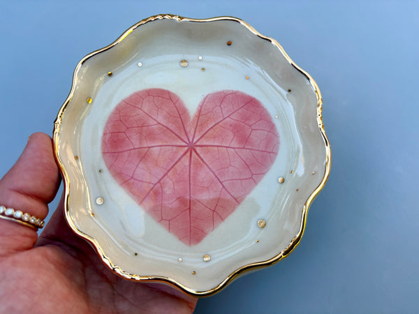 Pink Heart Jewelry Holder,  Ceramic Dish with Gold Accents - Vuvu Ceramics