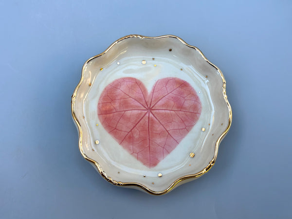 Pink Heart Jewelry Holder,  Ceramic Dish with Gold Accents - Vuvu Ceramics