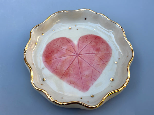 Pink Heart Jewelry Holder,  Ceramic Dish with Gold Accents - Vuvu Ceramics