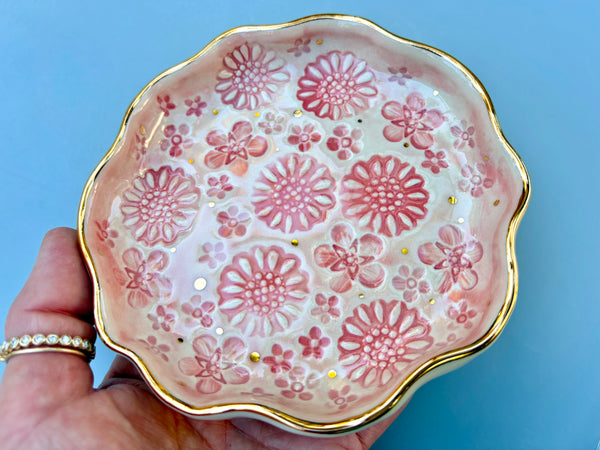 Pink Bouquet Jewelry Holder, Ceramic Dish with Gold Accents - Vuvu Ceramics