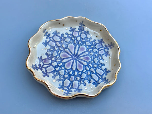 Blue Snowflake Jewelry Holder, Ceramic Dish with Gold Accents