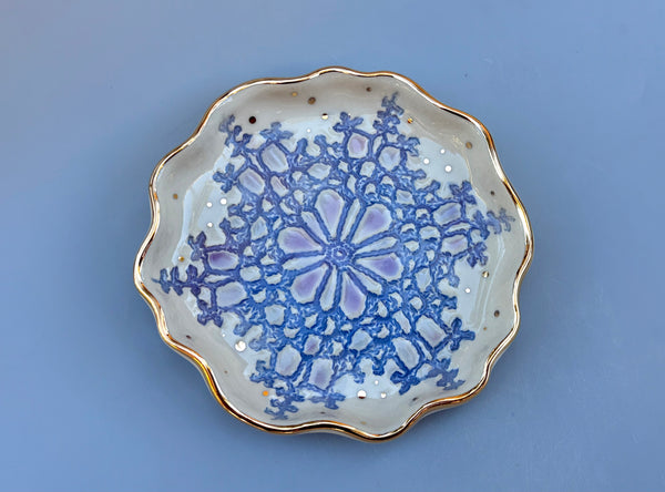 Blue Snowflake Jewelry Holder, Ceramic Dish with Gold Accents