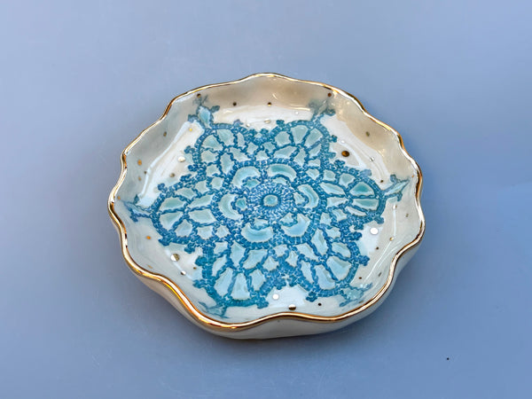 Turquoise Snowflake Jewelry Holder, Ceramic Dish with Gold Accents