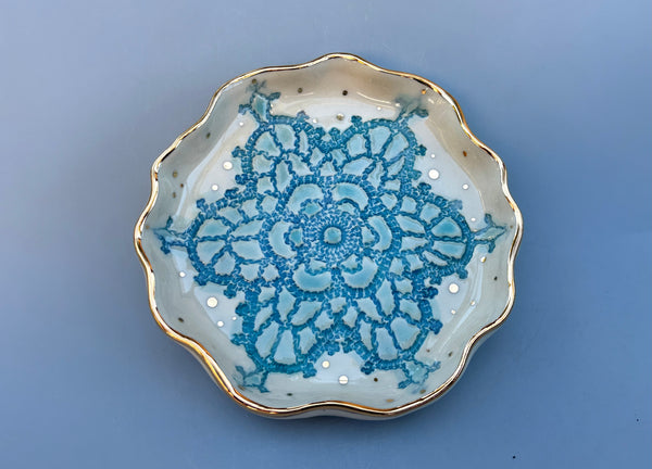 Turquoise Snowflake Jewelry Holder, Ceramic Dish with Gold Accents